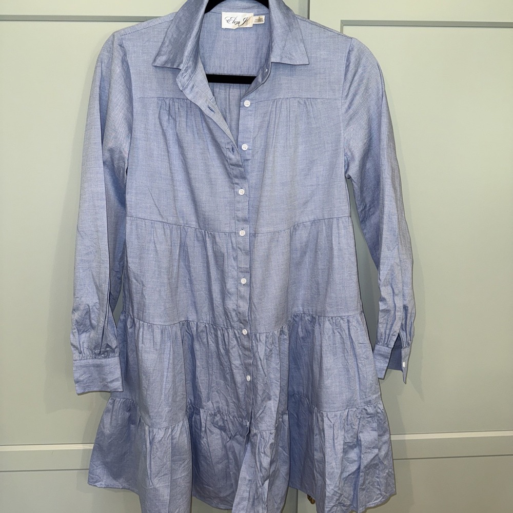 Eliza J Women's Dress Blue Ruffled Tiered Shirtdress Long Sleeve Casual - Sz 2